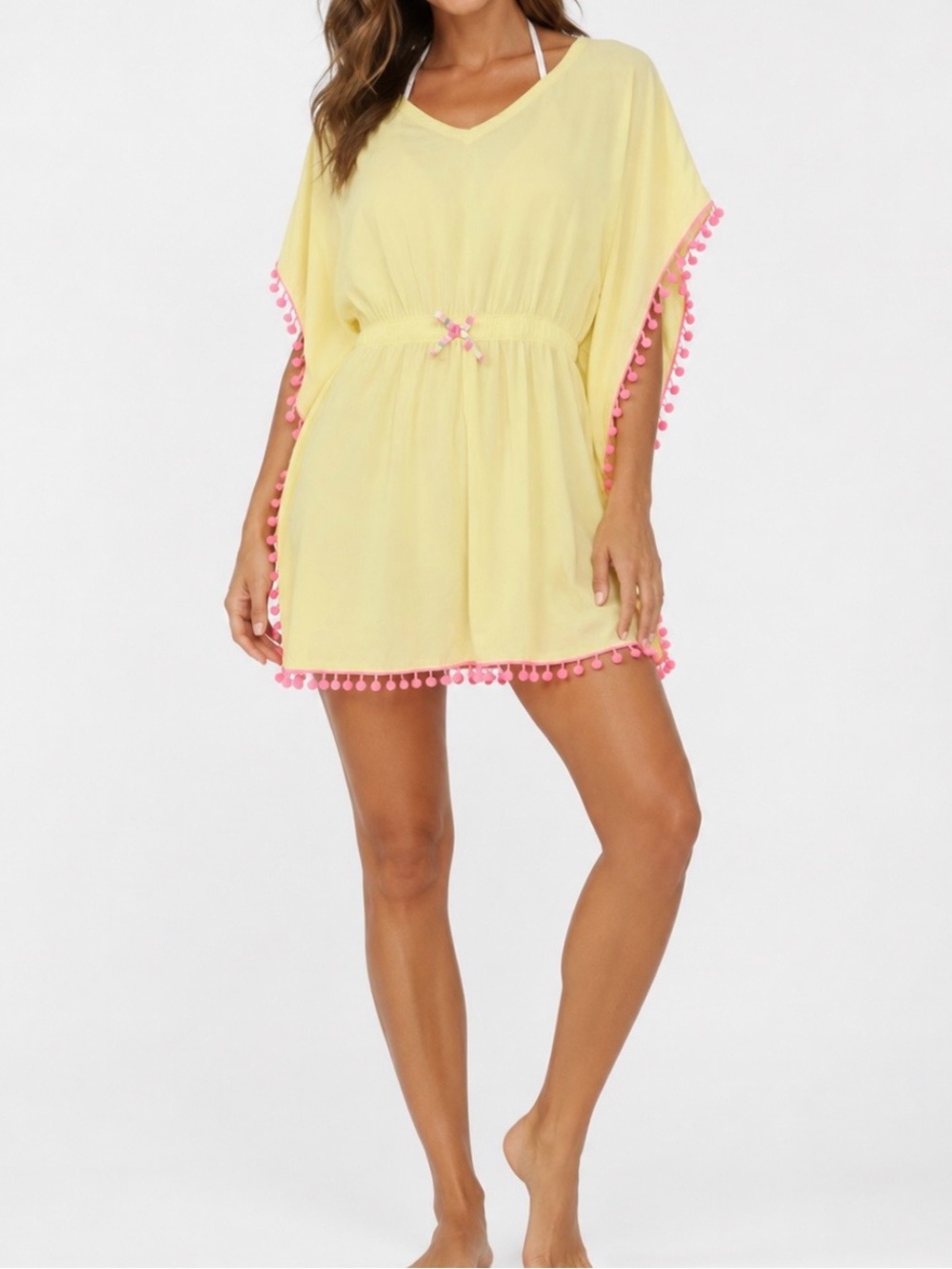 Betsey Johnson Yellow Pink Pom Pom Kaftan Cover Up Dress Women’s XL Beach Swim